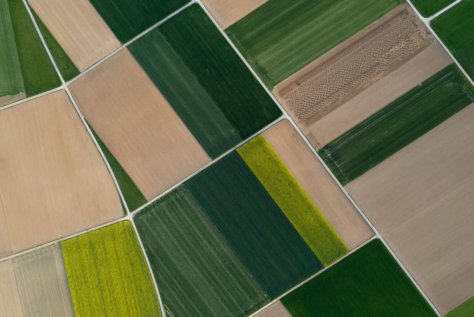 An aerial view of fields at a farm.