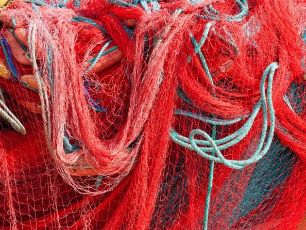 red and blue nylon ropes and fishing nets.